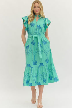 Embroidered Flutter Sleeve Midi Dress