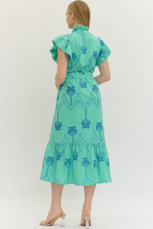 Embroidered Flutter Sleeve Midi Dress