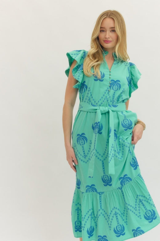 Embroidered Flutter Sleeve Midi Dress