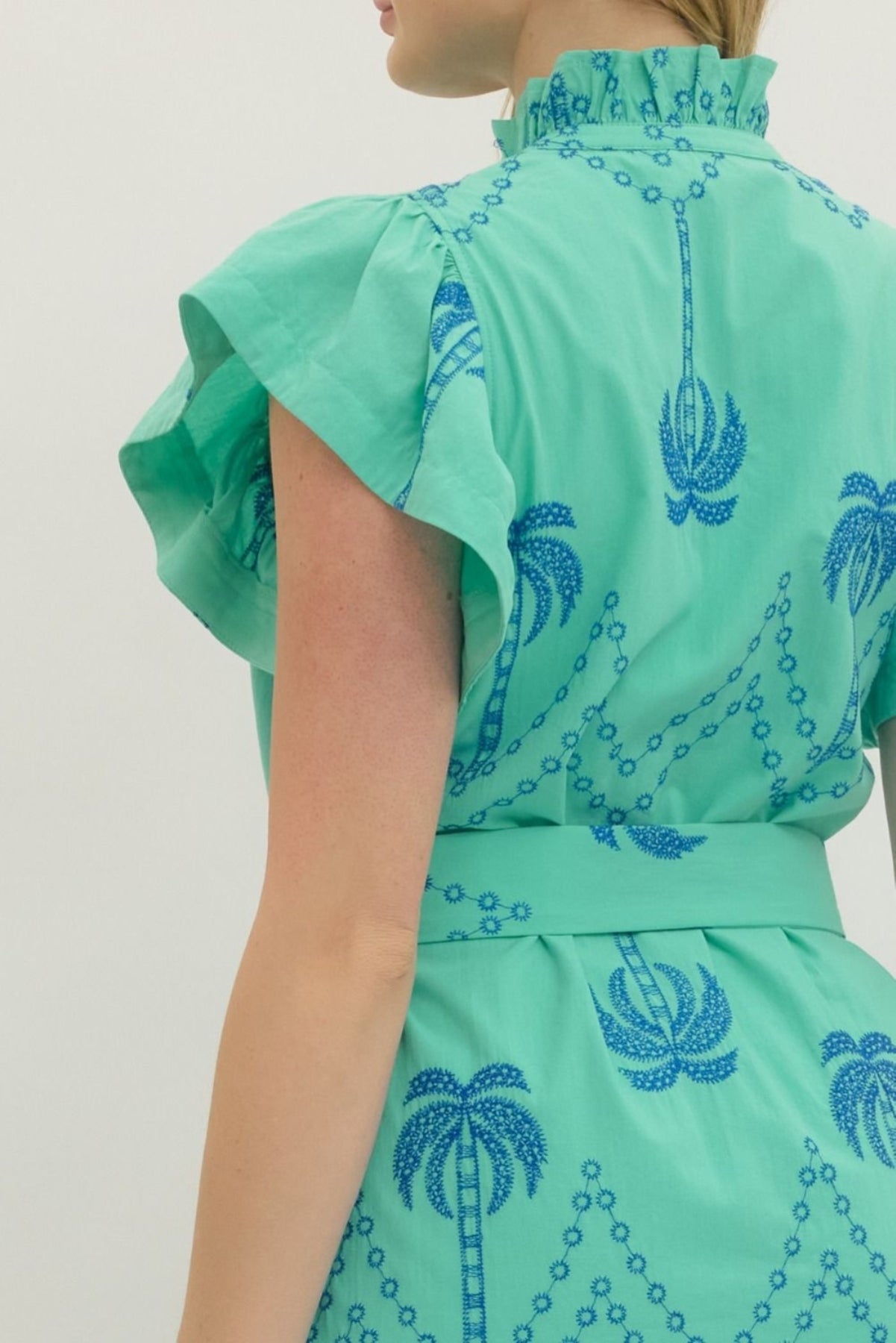 Embroidered Flutter Sleeve Midi Dress