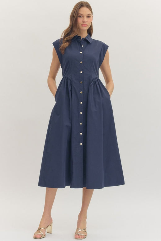 Solid Cap Sleeve Midi Dress