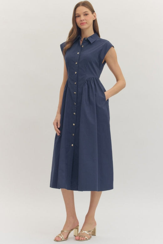 Solid Cap Sleeve Midi Dress