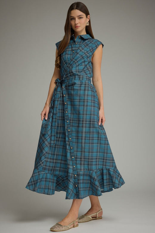 Plaid Collared Midi Dress