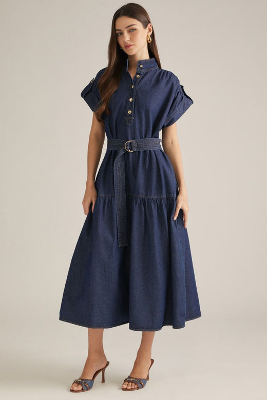 Belted Denim Midi Dress
