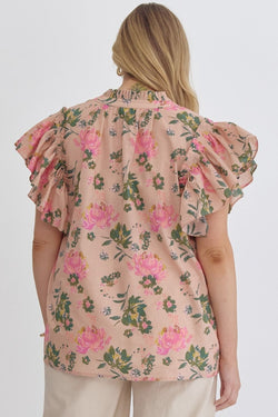 Peach Floral Ruffle Shirt