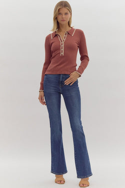 Solid Ribbed Collar Knit Top