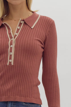 Solid Ribbed Collar Knit Top