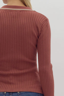 Solid Ribbed Collar Knit Top