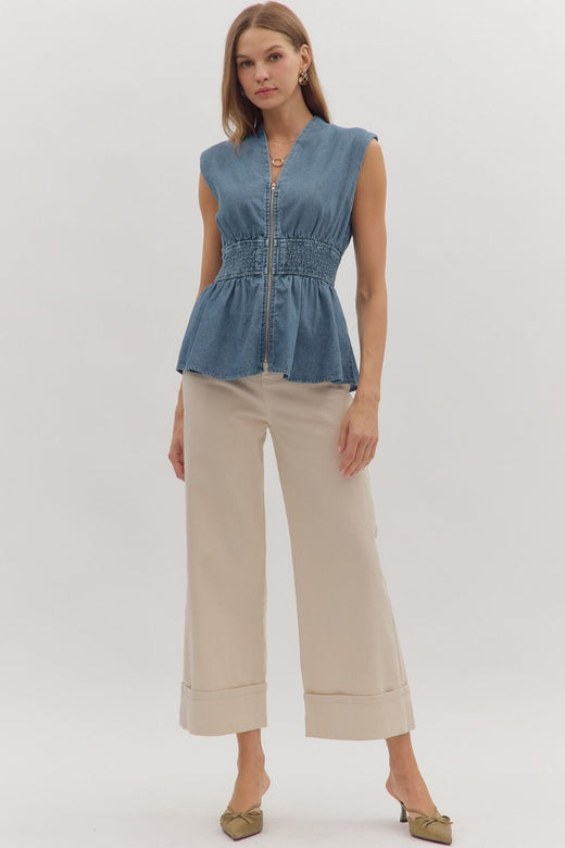 Denim Peplum Zip Shirt