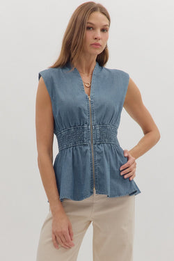 Denim Peplum Zip Shirt