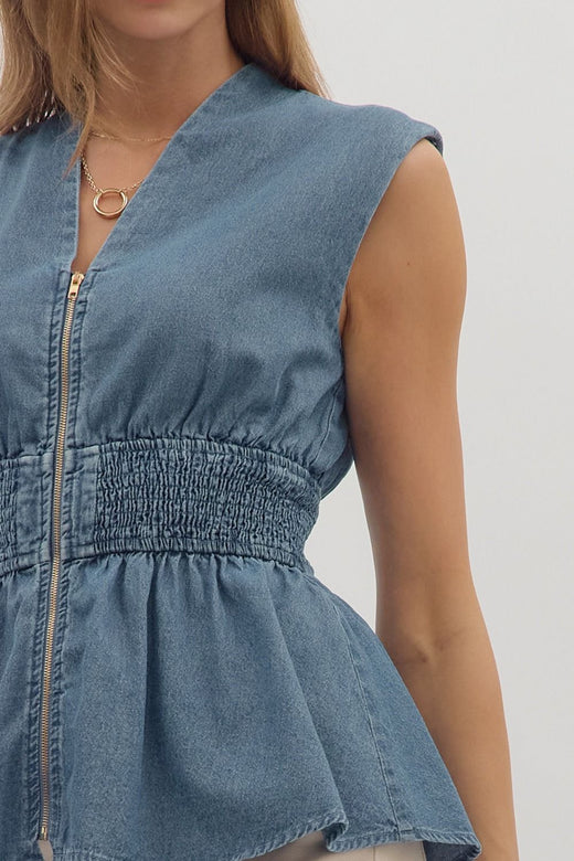 Denim Peplum Zip Shirt