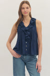 Navy Ruffled Sleeveless Top