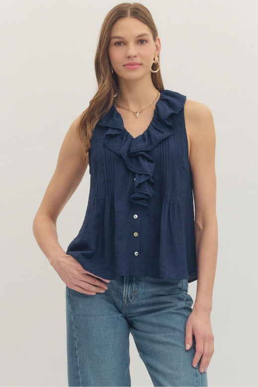 Navy Ruffled Sleeveless Top