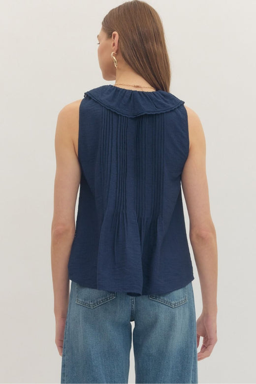 Navy Ruffled Sleeveless Top