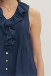 Navy Ruffled Sleeveless Top