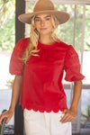 Scalloped Hemline Bubble Sleeve Solid Corduroy Top