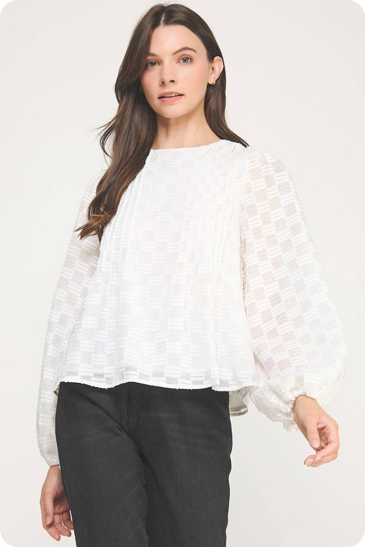 Pintuck Check Textured Puff Sleeve Blouse