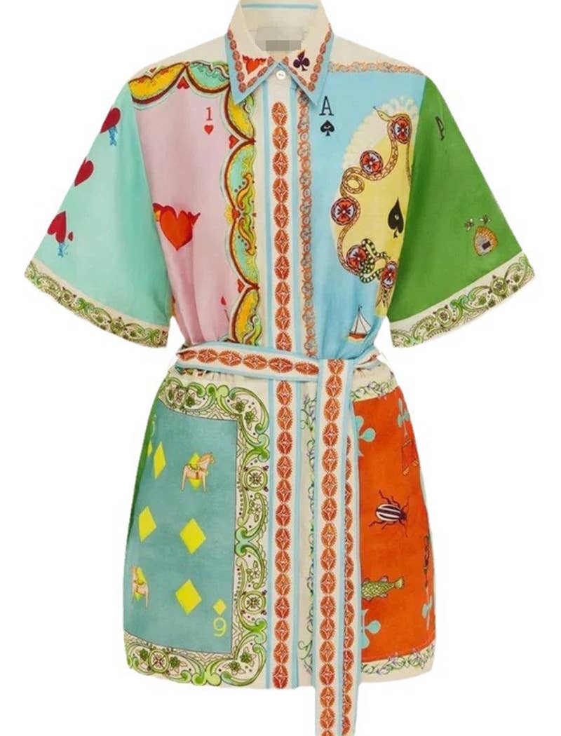 Belted Patch Print Mini Shirt Dress
