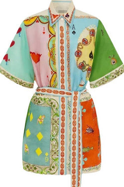 Belted Patch Print Mini Shirt Dress
