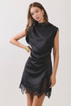 Lace Trim Ruched Waist Satin Mini Dress