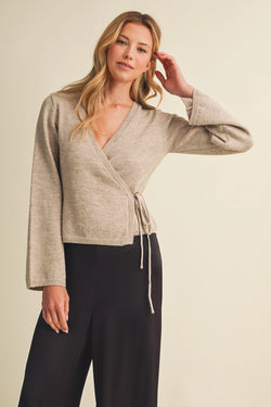 Self-Tie Waist Flared Sleeve Knit Blouse