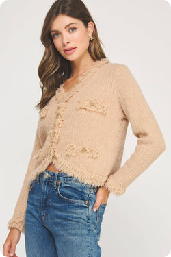 Frayed Trim Textured Cardigan