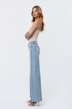 Mid Rise Light Wash Twisted Seam Palazzo Jeans