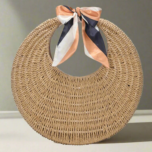 Straw Circle Handbag with Scarf