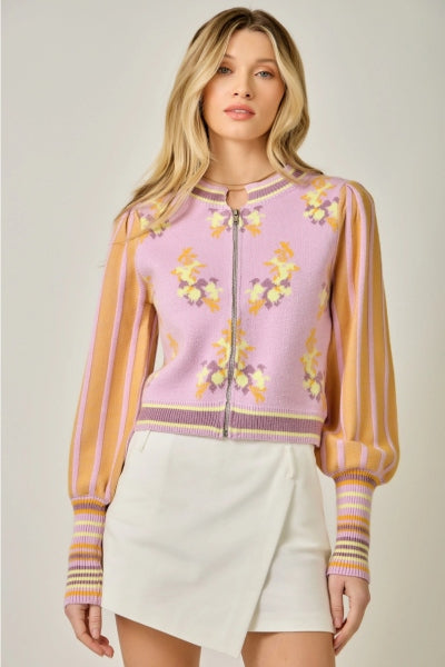 Floral Sweater Bomber Jacket