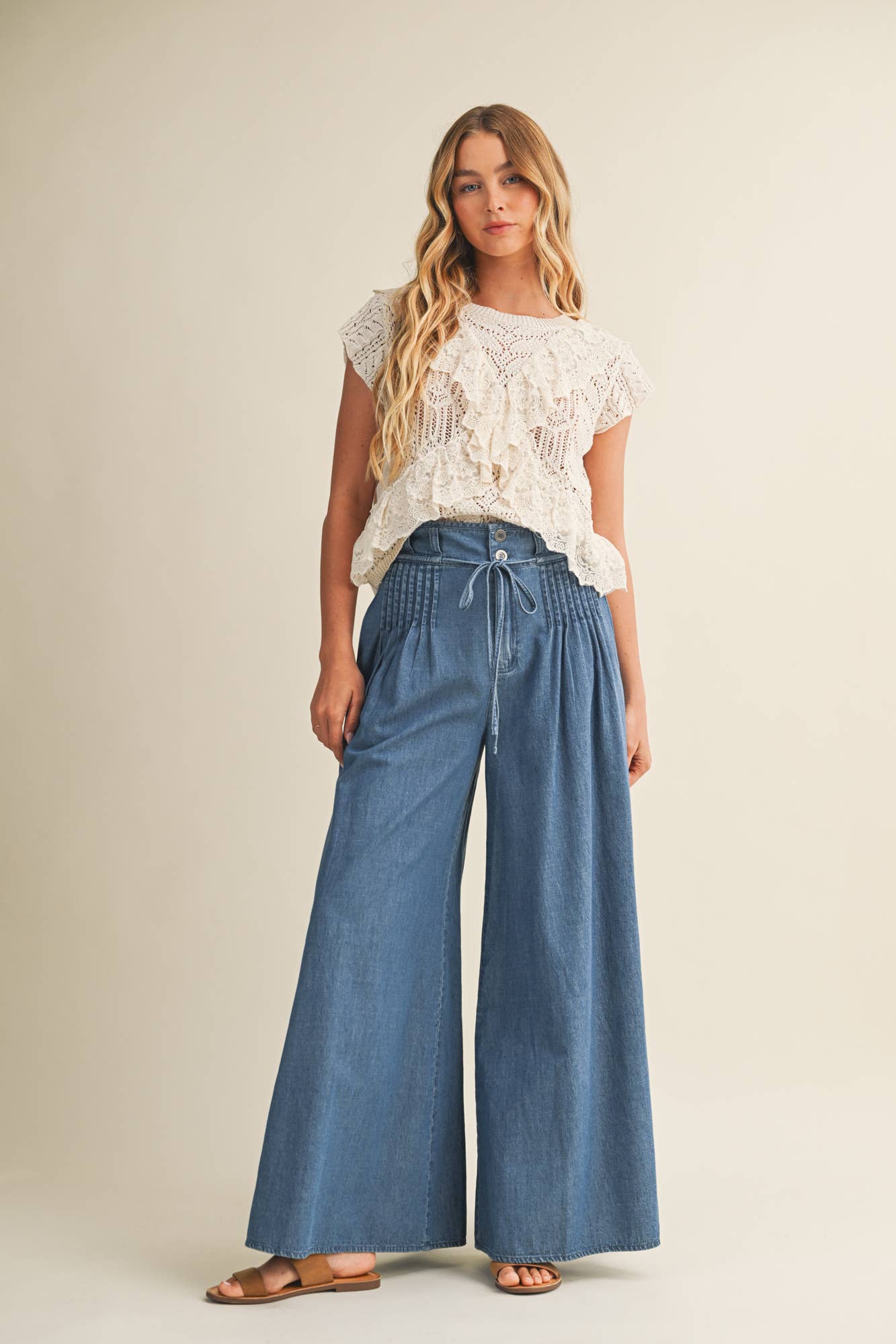 Pintuck Wide Leg Denim Pants