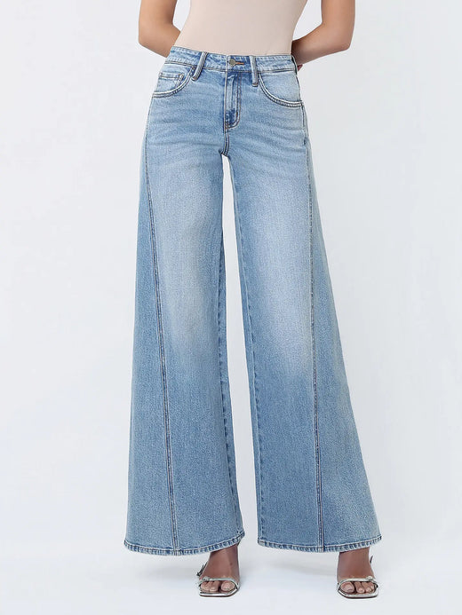 Mid Rise Light Wash Twisted Seam Palazzo Jeans
