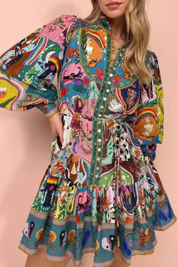 Printed Long Sleeve Mini Dress with Tie Waist