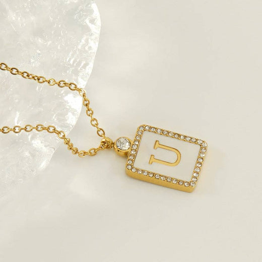 Rhinestone Shell Initial Charm Necklace