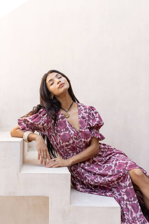 Burgundy Color Block Floral Maxi Dress