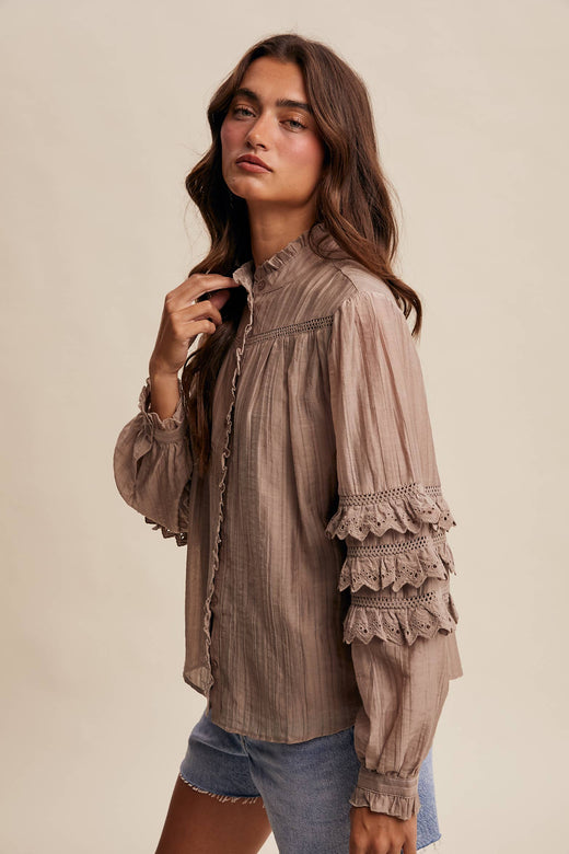 Lace Ruffle Sleeve Pintuck Shirt