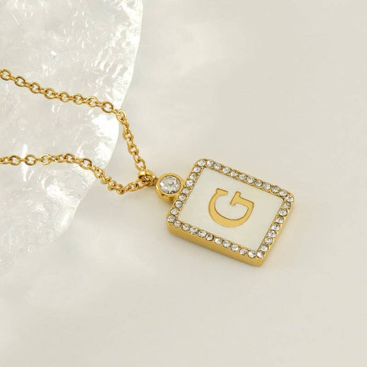 Rhinestone Shell Initial Charm Necklace