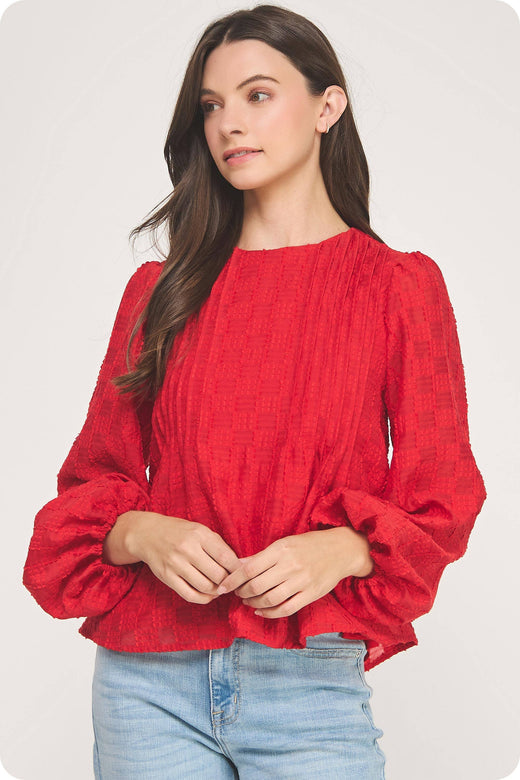 Pintuck Check Textured Puff Sleeve Blouse