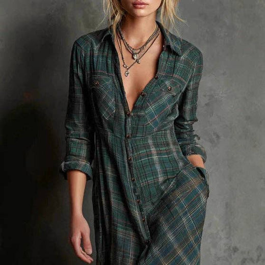 Women Long Sleeve Plaid Shirt Dress
