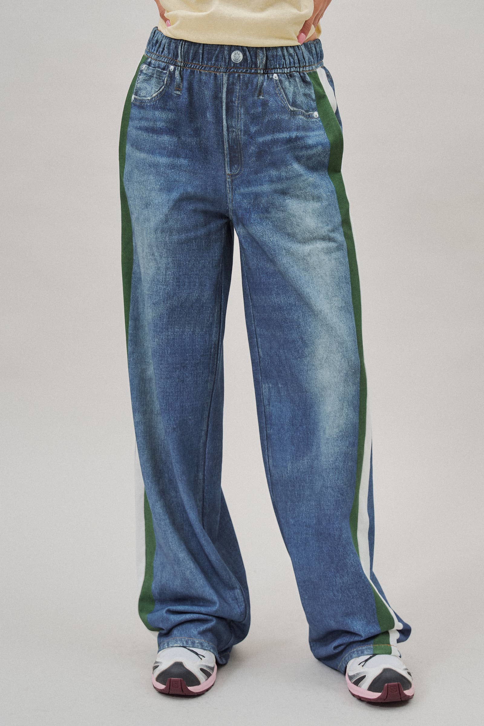 Wide Leg Faux Denim Track Pants With Side Stripes