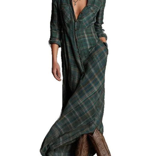 Women Long Sleeve Plaid Shirt Dress