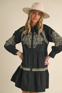 Embroidered Button Mini Dress