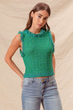 Tweed Knit Vest with Frayed Edges
