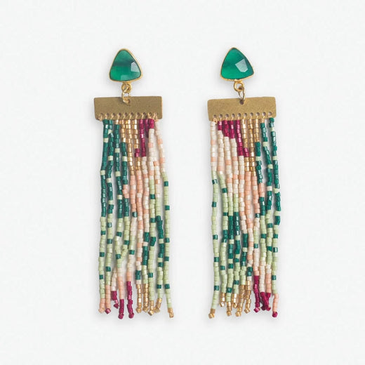 Lilah Semi-Precious Stone Post With Organic Shapes Beaded Fringe Earrings