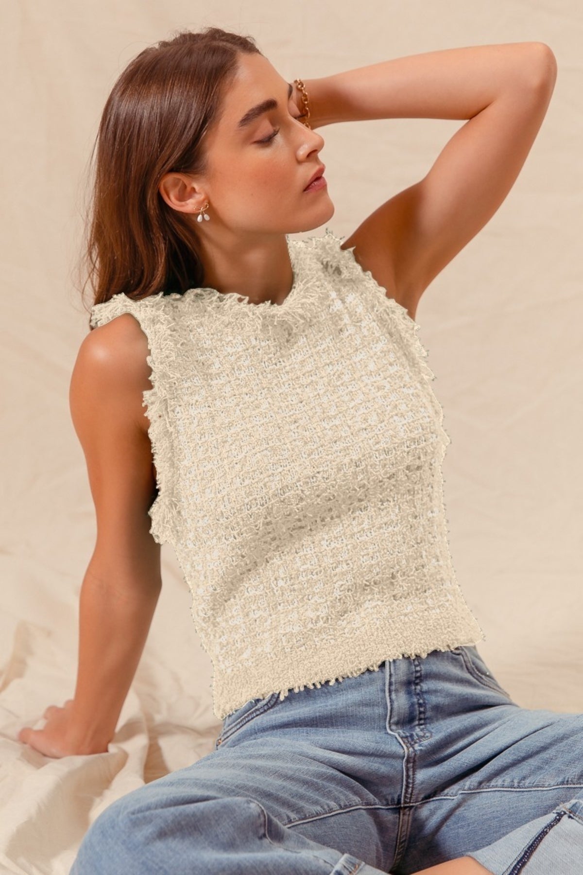 Tweed Knit Vest with Frayed Edges
