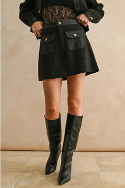 Suede Mini Skirt with Contrast Band and Front Pockets