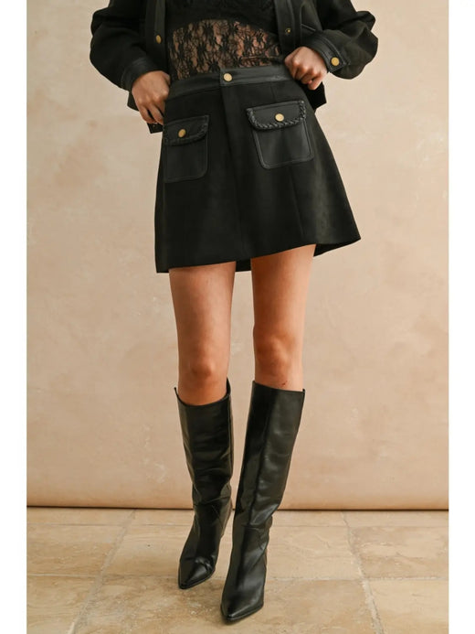 Suede Mini Skirt with Contrast Band and Front Pockets