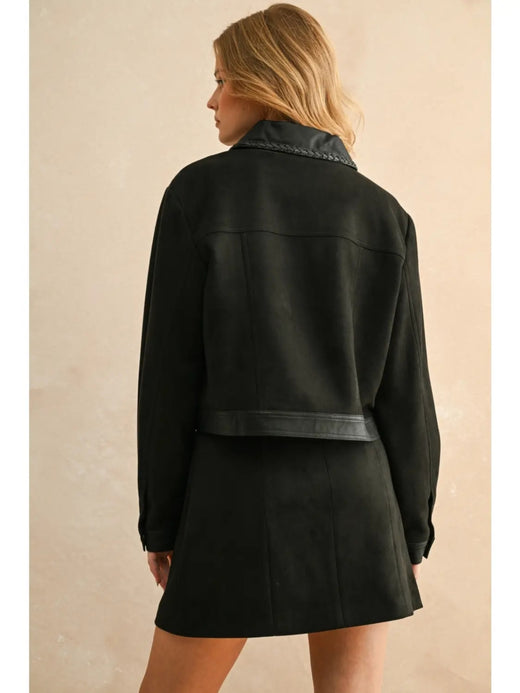 Suede Mini Skirt with Contrast Band and Front Pockets
