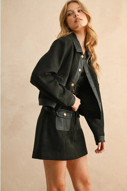 Suede Mini Skirt with Contrast Band and Front Pockets