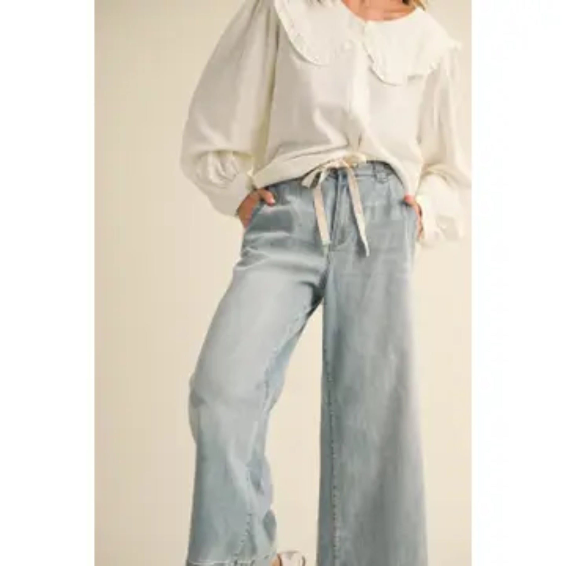 Washed Denim Tie Front  Pants