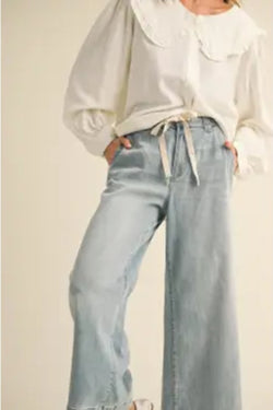 Washed Denim Tie Front  Pants